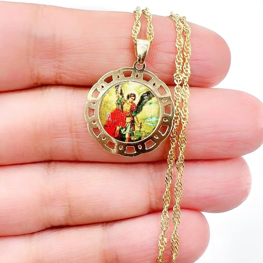 Protector Angel Gold Plated Religious Medal Spiral Chain (St. Michael Archangel)